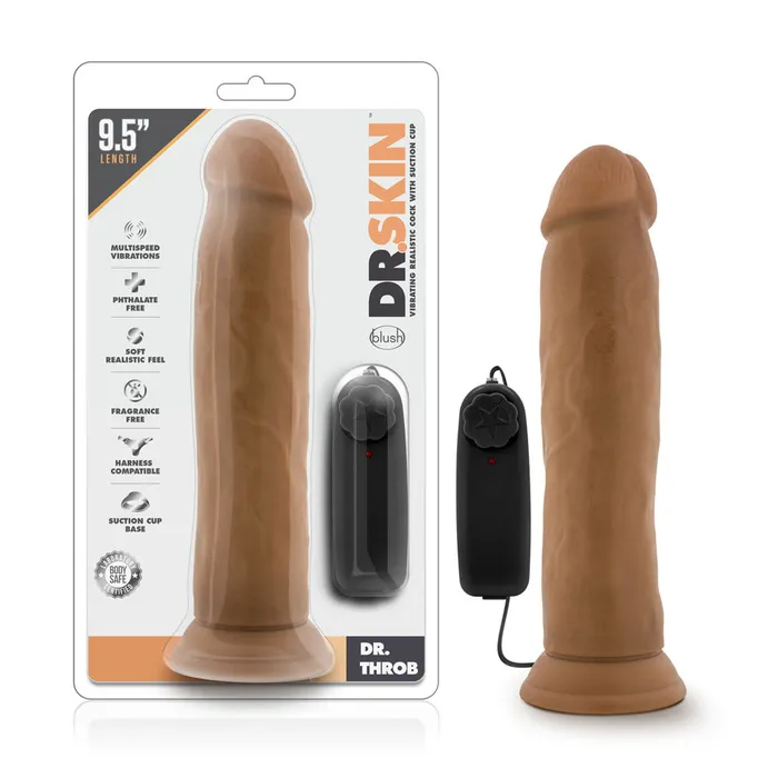 Blush Novelties Female Sex Toys Dr Skin Dr Throb 95 Inch Vibrating Realistic Cock With Suction Cup Mocha